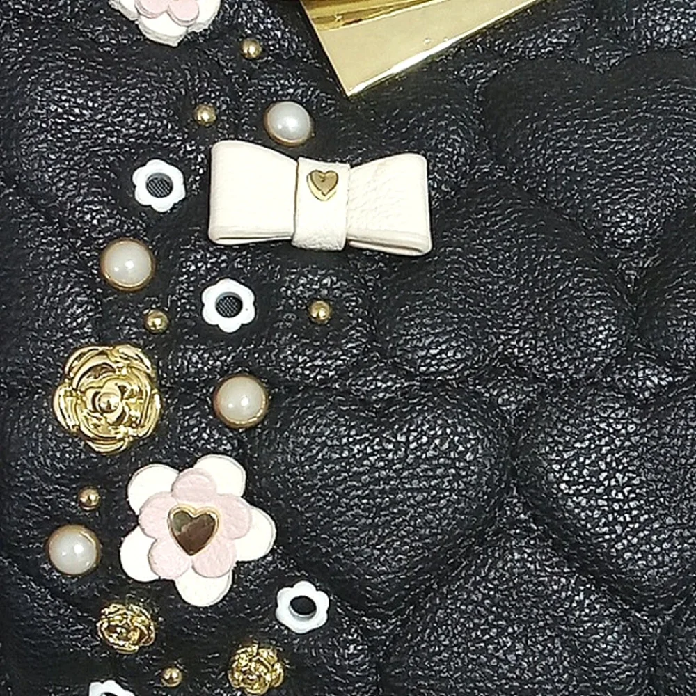 Betsey Johnson Tote Bag Pink Black Quilted Heart Beaded Studded Bowties Pearls